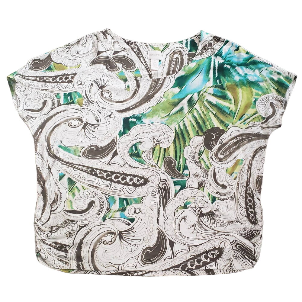 Chicos Multi Design Peacock Colored Short Sleeved Shirt